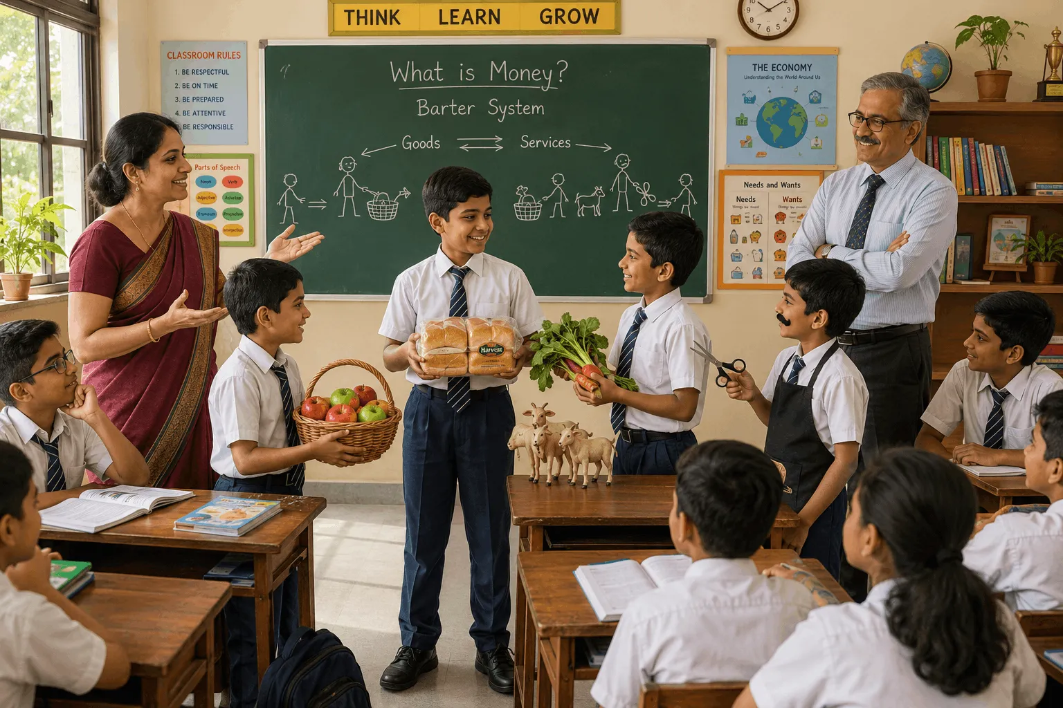 Classroom barter system demonstration with students exchanging bread, apples, vegetables, goats, and haircut services