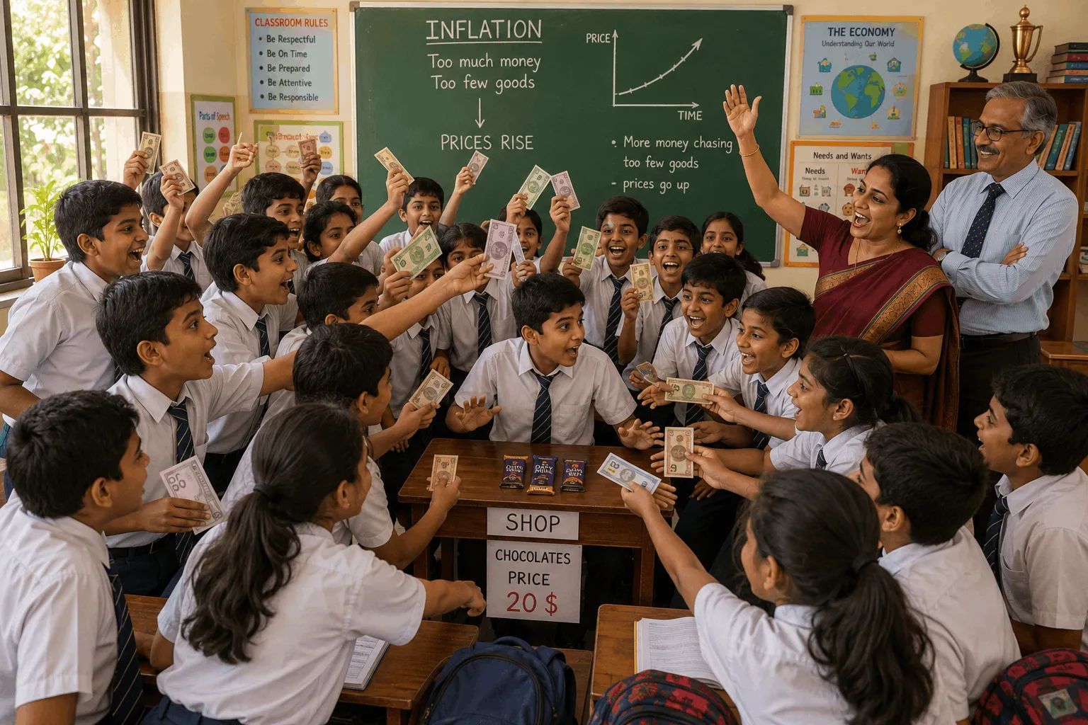 Students rushing to buy chocolates with too much money in circulation, causing prices to rise