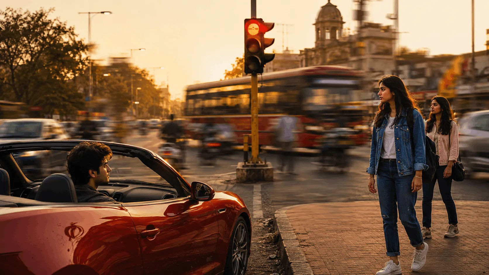 A boy in a cherry-red convertible at a busy traffic signal, noticing a girl across the road