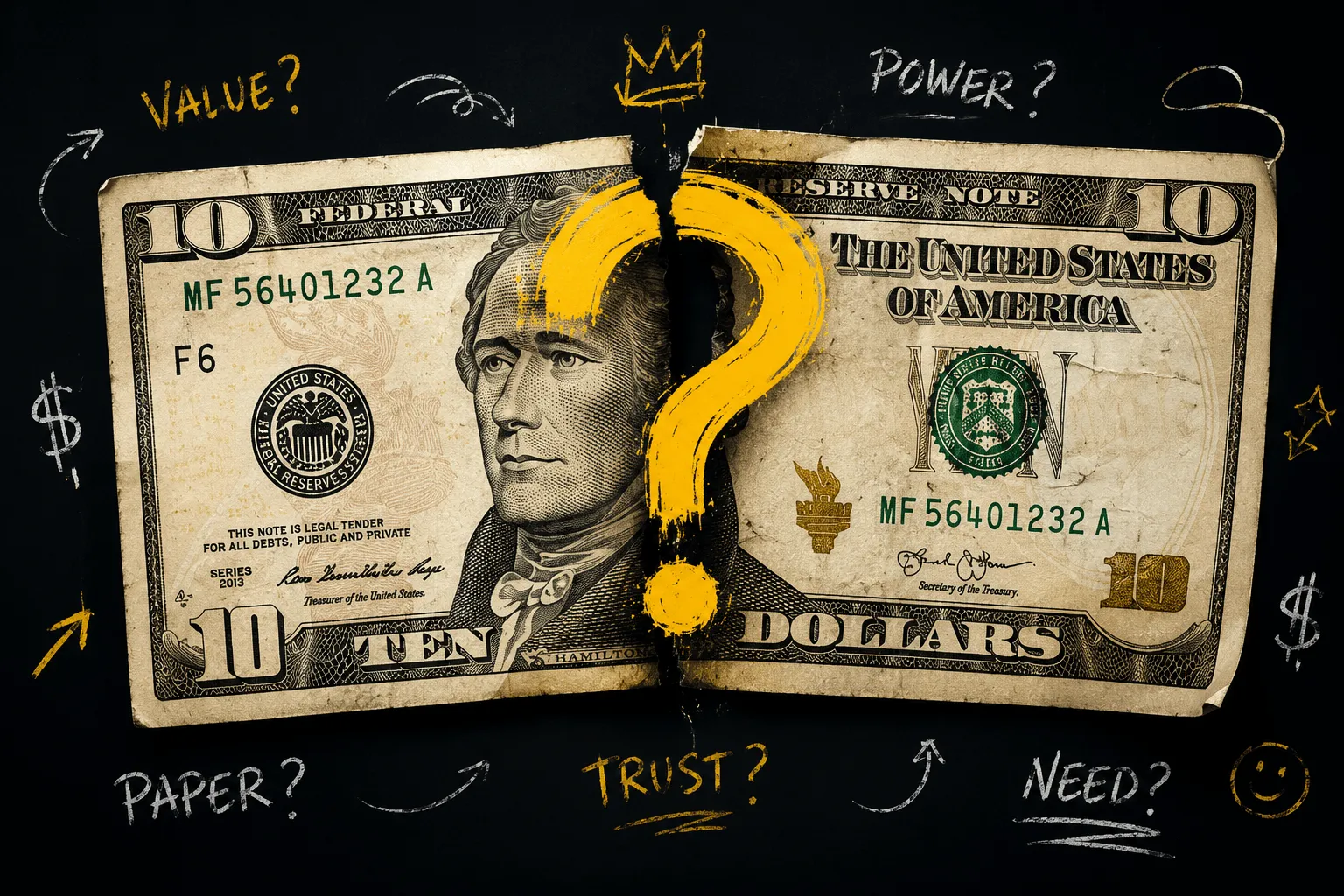 A ten-dollar bill with a question mark, symbolizing trust and value in money