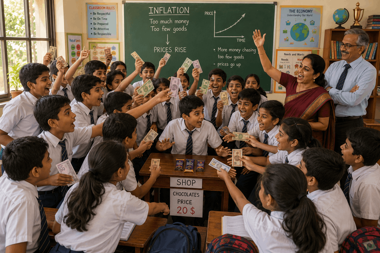 Students rushing to buy chocolates with too much money in circulation, causing prices to rise